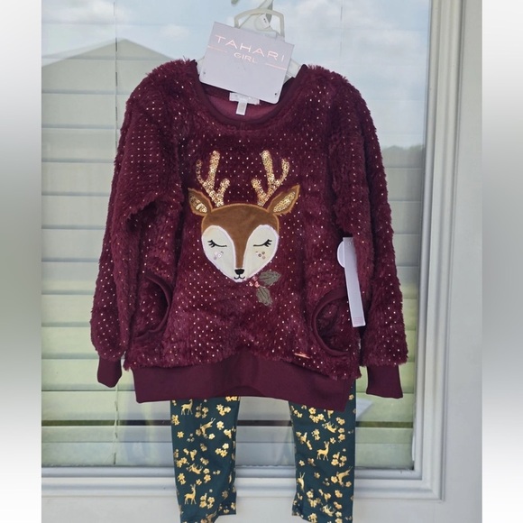 Tahari 2 Piece Set Outfit Sweater & Pants Girls 4T Green Red New - Picture 3 of 14